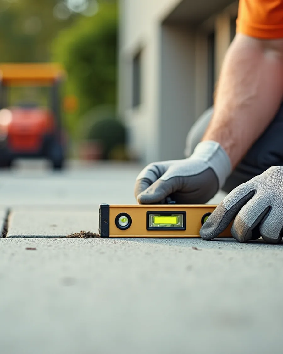 AI-generated illustration of gloved hands holding a horizontal level beside a concrete joint; not a measurement or customer result.