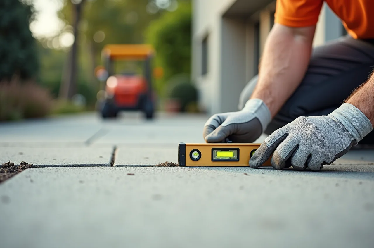 Gloved hands use a spirit level to check a concrete slab surface.